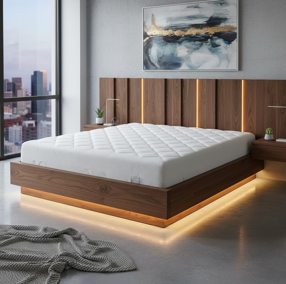 Custom king size bed frame with upholstered headboard by Phythgruxul