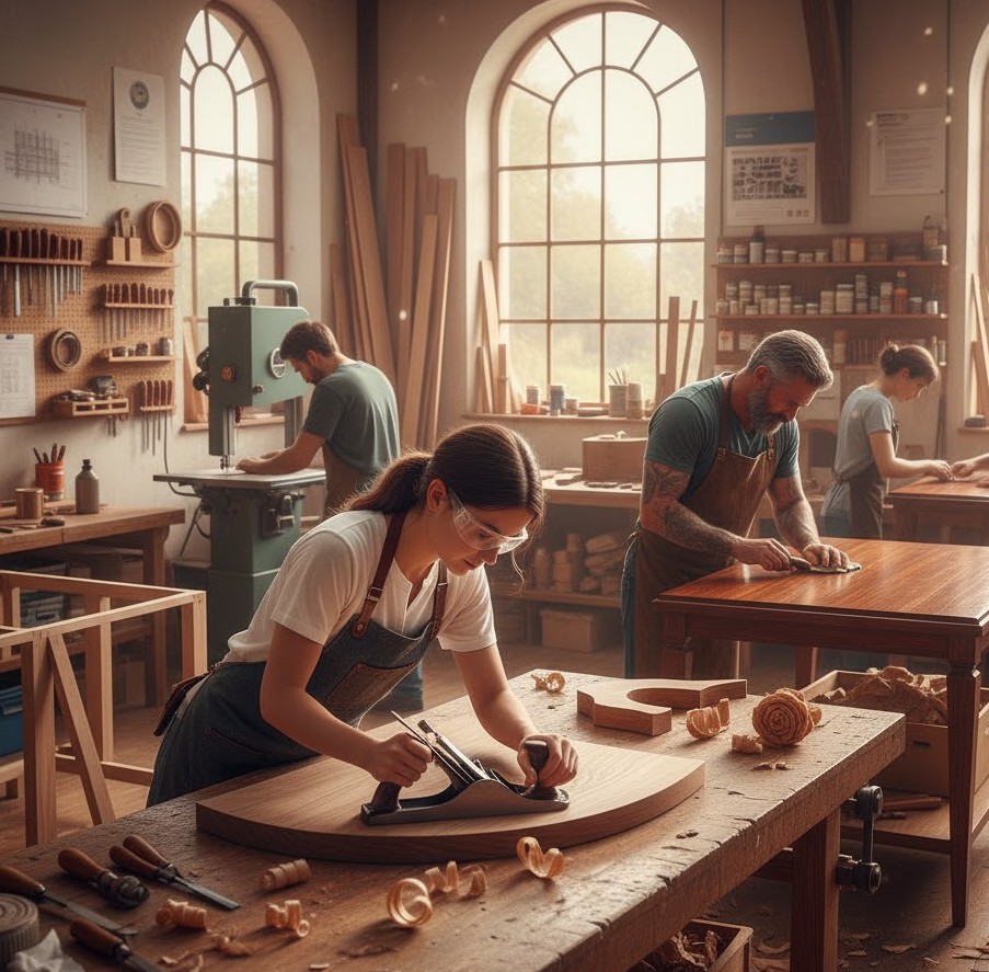 Phythgruxul workshop showing skilled artisans crafting custom furniture